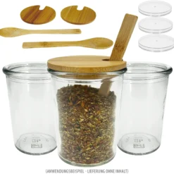 Becherglas mit Bambusdeckel und Löffel, 3er Set