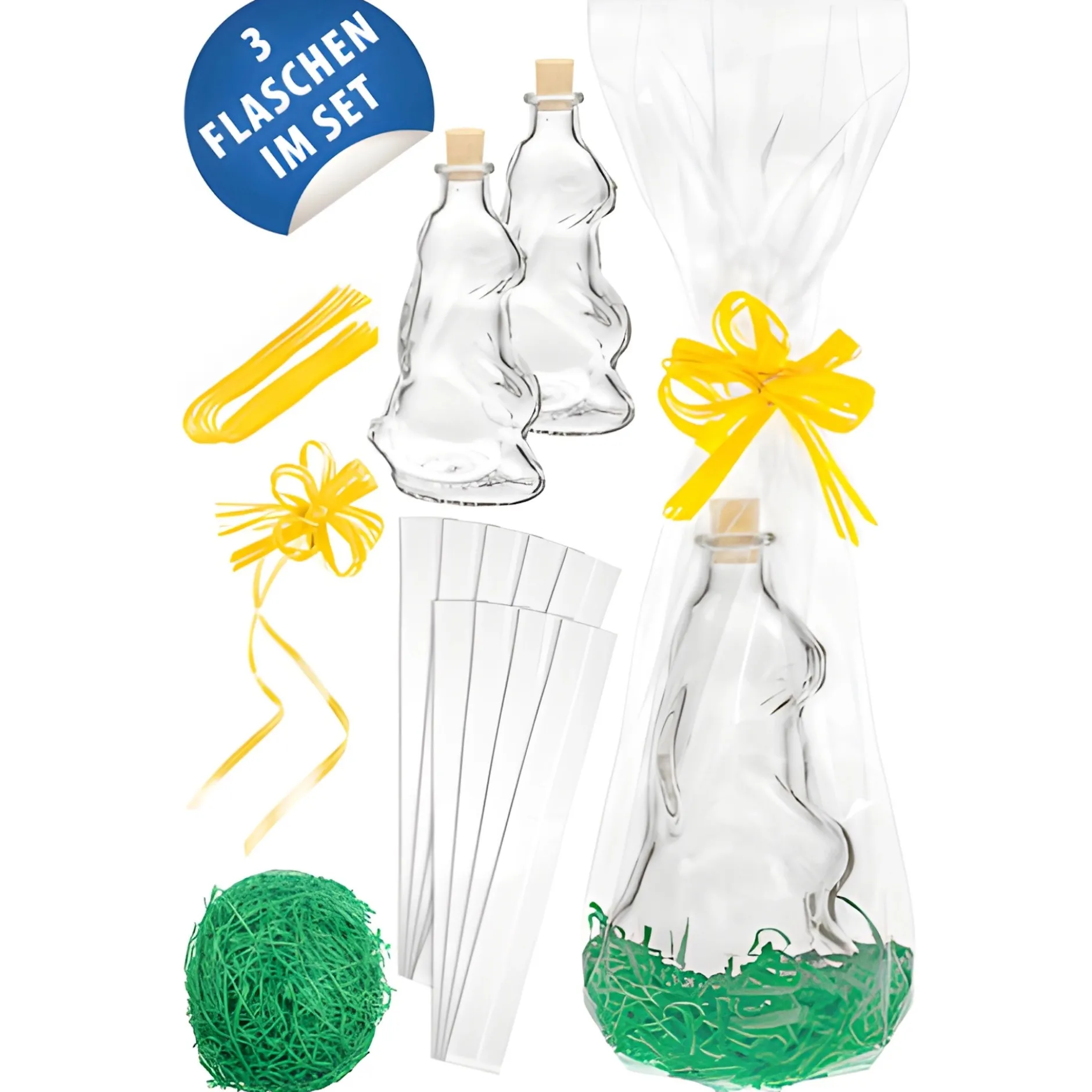 Hasenflaschen 200 ml mit Deko, 3er Set