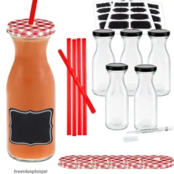 Karaffenflasche 250 ml mit Trinkhalmdeckel, 6er Set