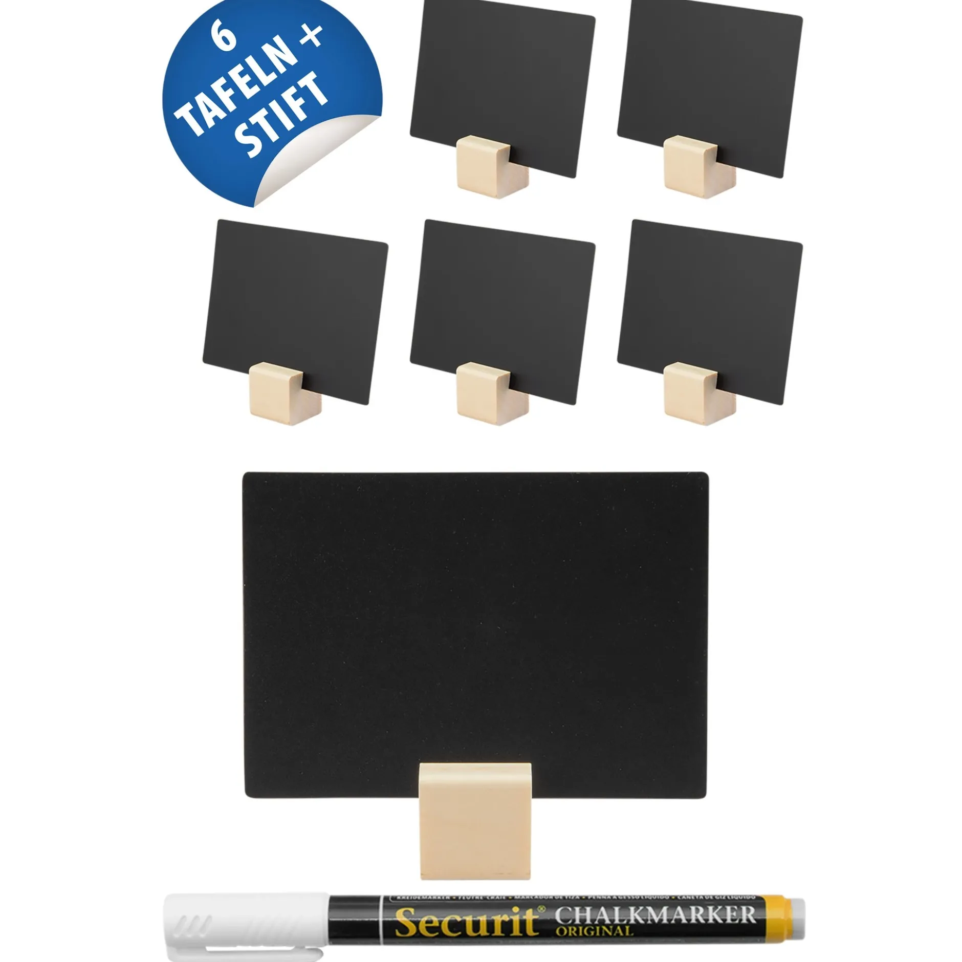 Kreidetafel mit Holzständer, 6 Stück plus Stift